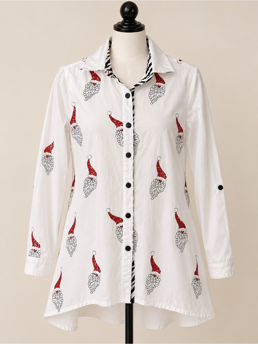 Christmas Sequin Santa Button Down Tunic Shirt Bereck Studio Medium